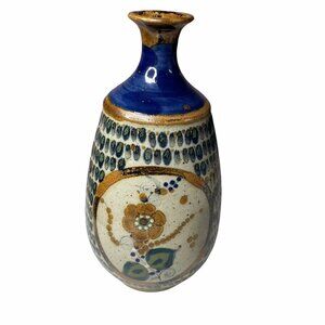 Tonala Mexican Pottery 10” Vase Cobalt Blue Glaze Floral